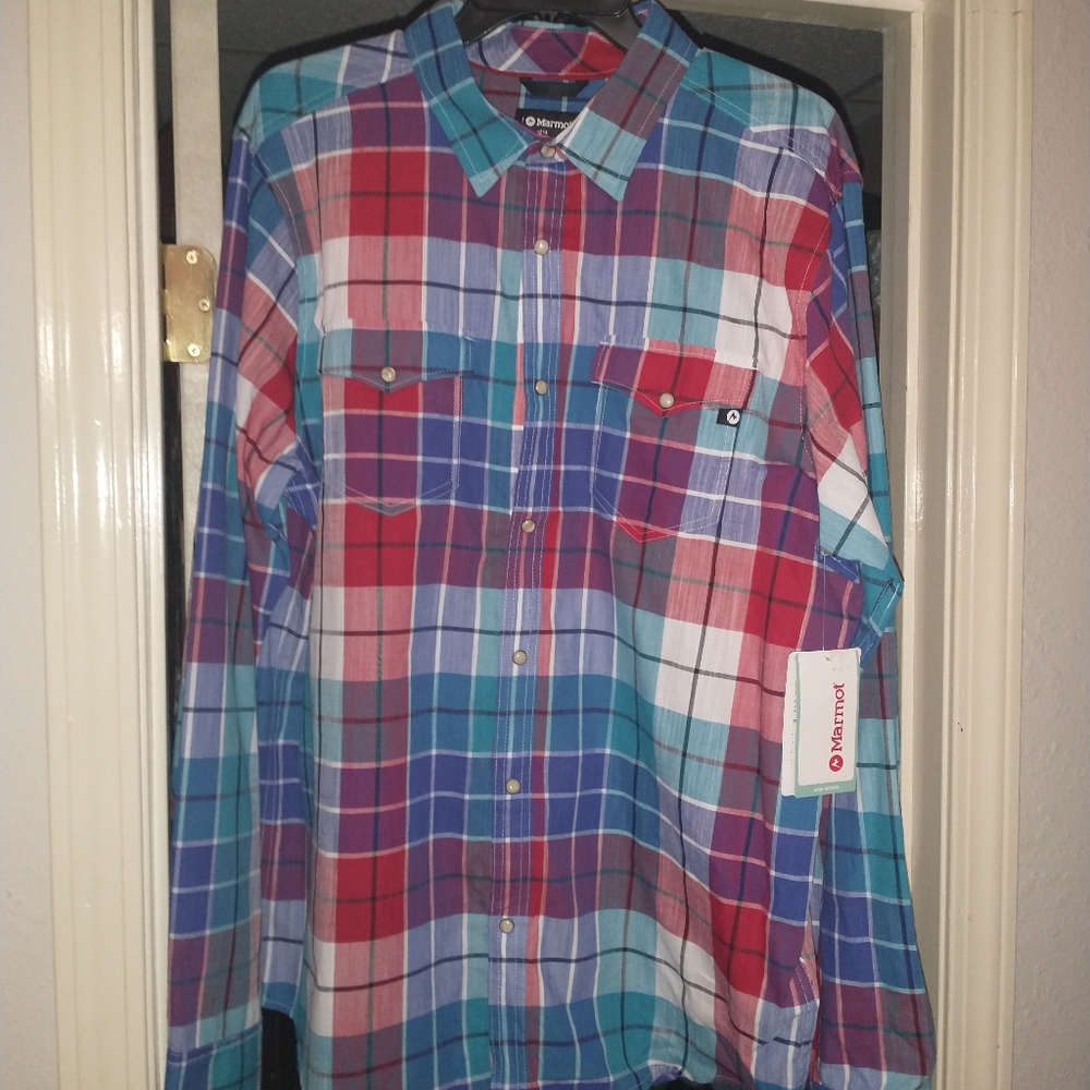 Marmot Dress shirt. Blue, red, aqua.